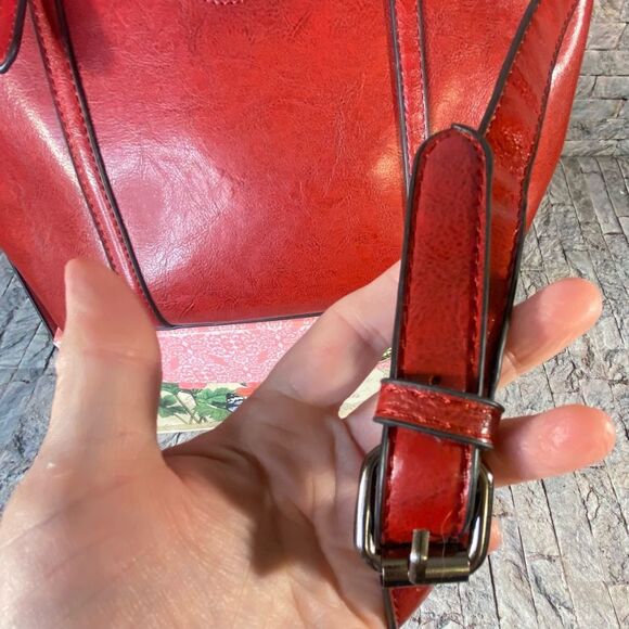 Popoti Red Leather Shoulder Bags Messenger Crossbody Tote with Adjustable Straps - Picture 12 of 13